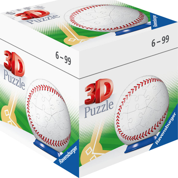 Ravensburger Sports Ball Single Product 3D Puzzle jigsaw featuring a baseball design. The puzzle pieces create a spherical structure resembling a baseball, ideal for ages 6 to 99. Packaged in a colorful box showcasing the product with a blue base.