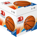 Ravensburger Sports Ball Single Product 3D Puzzle featuring a vibrant, detailed design of a basketball. The puzzle comes in a colorful box, showcasing the completed 3D basketball puzzle that can stand upright. Suitable for ages 6 to 99, it offers a fun and engaging experience for puzzle lovers.