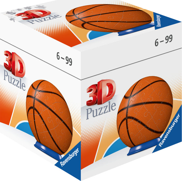 Ravensburger Sports Ball Single Product 3D Puzzle featuring a vibrant, detailed design of a basketball. The puzzle comes in a colorful box, showcasing the completed 3D basketball puzzle that can stand upright. Suitable for ages 6 to 99, it offers a fun and engaging experience for puzzle lovers.