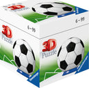 Ravensburger Sports Ball Single Product 3D Puzzle featuring a soccer ball design. The jigsaw puzzle box showcases a partially assembled ball on a green background with soccer elements. Suitable for ages 6 to 99.