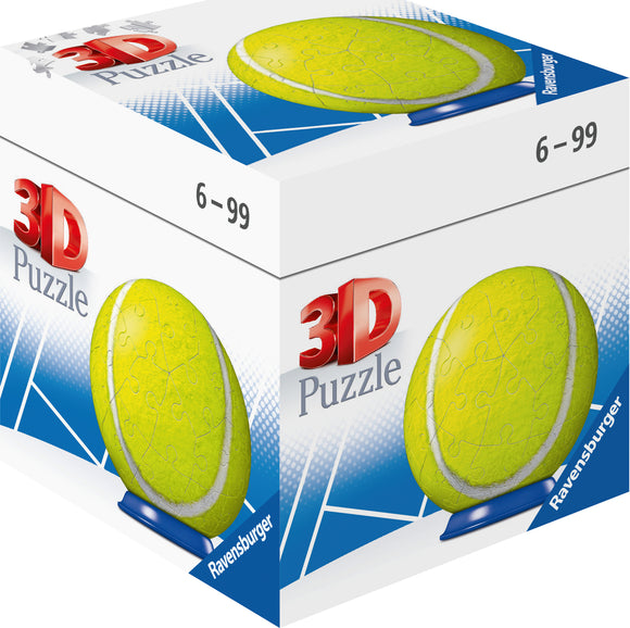 Ravensburger Sports Ball Single Product 3D Puzzle box featuring a bright yellow tennis ball design with a blue base. Suitable for ages 6 to 99, this jigsaw puzzle combines fun and creativity, allowing you to construct a realistic 3D sports ball from puzzle pieces.