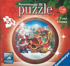 Ravensburger 3D Christmas Puzzle Ball featuring a festive scene with Santa Claus surrounded by gifts, snow, and a winter landscape. The puzzle consists of 54 pieces and is designed for ages 7 and up. The ball measures 7 cm (3 inches) in diameter and employs Easyclick technology for a seamless fit.