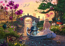 A beautifully illustrated jigsaw puzzle featuring a whimsical scene of a rabbit in a tuxedo rowing a boat with a girl in a pink dress. The background showcases a vibrant sunset, blooming flowers, and playful woodland creatures, creating an enchanted land full of fantasy and charm.