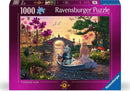 Ravensburger's Enchanted Lands 1000-piece jigsaw puzzle featuring a whimsical scene with a rabbit and a girl in a boat surrounded by vibrant flowers, a bridge, and various forest creatures, all illuminated by a beautiful sunset.