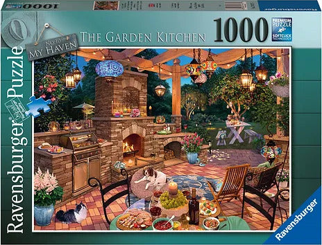 A Ravensburger jigsaw puzzle titled 'The Garden Kitchen' featuring a beautifully designed outdoor kitchen with a stone grill, cozy seating, and verdant garden surroundings. The scene includes colorful flowers, decorative lanterns hanging above, and playful cats lounging on the patio, creating a warm and inviting atmosphere. Perfect for puzzle enthusiasts and nature lovers alike.