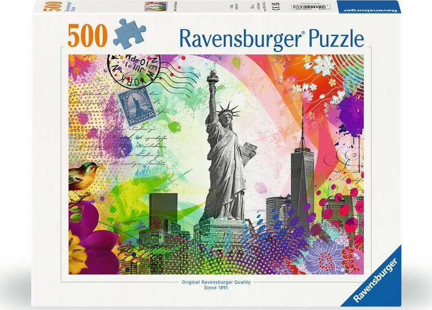 A colorful jigsaw puzzle box featuring a vibrant artistic representation of New York City, including the Statue of Liberty, surrounded by abstract patterns, flowers, and a postal stamp. The puzzle is made by Ravensburger and contains 500 pieces.