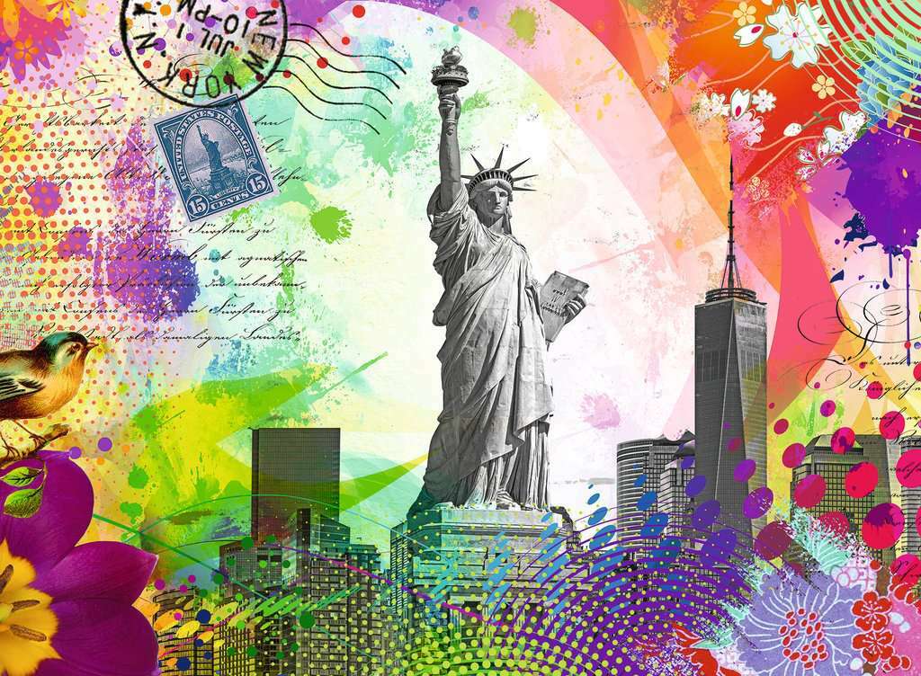 A colorful jigsaw puzzle featuring iconic New York landmarks, including the Statue of Liberty and One World Trade Center, surrounded by vibrant artistic elements like flowers, birds, and abstract patterns. The artwork captures the essence of New York City with its mixed media design.