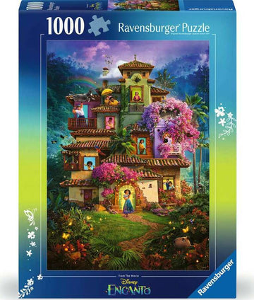 Encanto 1000 piece jigsaw puzzle by Ravensburger featuring vibrant artwork inspired by the Disney movie. The puzzle showcases the magical house and characters surrounded by lush greenery and colorful flowers.