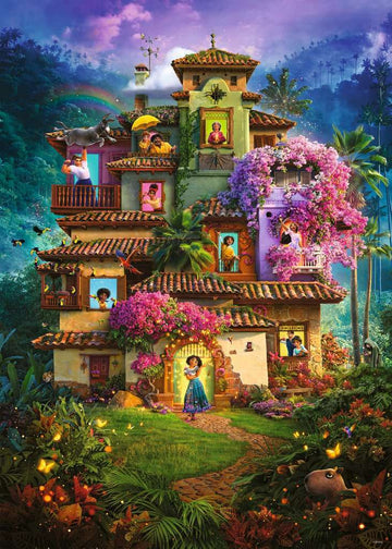 A colorful and enchanting illustration of the Madrigal family house from Disney's Encanto, featuring vibrant flora, the family members framed in windows, and magical elements. The scene captures the warmth and magic of the story with a whimsical garden path leading to the entrance, surrounded by lush vegetation and butterflies.