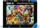 The Flash 1000-piece jigsaw puzzle by Ravensburger showcasing vibrant comic book artwork featuring The Flash, Green Lantern, and other DC superheroes in an action-packed scene amidst a cityscape.