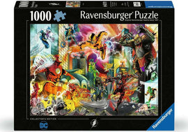 The Flash 1000-piece jigsaw puzzle by Ravensburger showcasing vibrant comic book artwork featuring The Flash, Green Lantern, and other DC superheroes in an action-packed scene amidst a cityscape.