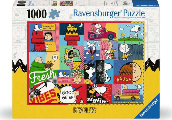 Ravensburger Peanuts Moments jigsaw puzzle featuring a colorful collage of iconic Peanuts characters like Snoopy, Charlie Brown, and Lucy in various playful scenes, including comic strips and vibrant graphics. The puzzle contains 1000 pieces, ideal for fans of the beloved comic strip.
