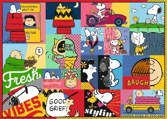 Ravensburger Peanuts Moments jigsaw puzzle featuring colorful and playful illustrations of Peanuts characters, including Snoopy, Charlie Brown, and Lucy. The puzzle showcases various scenes with iconic sayings and designs, such as 'Good Grief' and a vintage car, perfect for fans of the beloved comic strip.