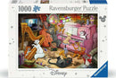 The Aristocats 1000-piece jigsaw puzzle from Ravensburger featuring a vibrant, whimsical illustration of various playful cats making music in an attic. The scene showcases a pink piano, string instruments, colorful lamps, and a variety of charming characters, capturing the fun and creativity of the beloved Disney movie.