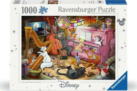 The Aristocats 1000-piece jigsaw puzzle from Ravensburger featuring a vibrant, whimsical illustration of various playful cats making music in an attic. The scene showcases a pink piano, string instruments, colorful lamps, and a variety of charming characters, capturing the fun and creativity of the beloved Disney movie.
