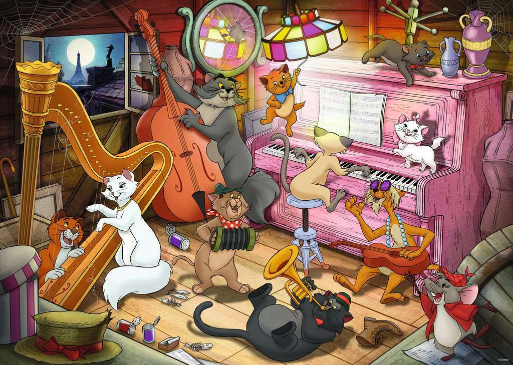 The Aristocats 1000 pc Jigsaw Puzzle featuring a lively scene with animated cats playing various musical instruments in a cozy attic. The vibrant colors and charming details bring the fun and nostalgia of the classic movie to life.