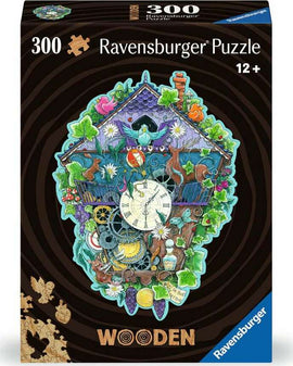 Ravensburger 300-piece jigsaw puzzle featuring a colorful cuckoo clock design surrounded by whimsical nature elements, including flowers, animals, and a clock face. The packaging showcases the intricate artwork and vibrant colors, ideal for puzzle enthusiasts aged 12 and older.