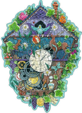 A 300-piece jigsaw puzzle featuring a whimsical cuckoo clock design surrounded by colorful flowers, small animals, and decorative elements. The illustration showcases vibrant colors and intricate details, making it a delightful challenge for puzzle enthusiasts.
