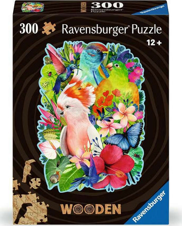 Ravensburger 300-piece jigsaw puzzle titled 'WOOD: Beautiful Birds'. The puzzle box features a vibrant illustration of various colorful birds surrounded by flowers and butterflies, set against a dark background. The word 'WOODEN' is prominently displayed at the bottom of the box.