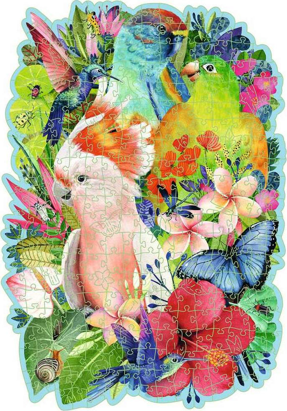 A colorful 300-piece jigsaw puzzle featuring a vibrant illustration of various birds, including a cockatoo, surrounded by tropical flowers and butterflies against a lush green background. The puzzle pieces are intricately designed to capture the vivid colors and details of the artwork, making it an engaging and beautiful activity.