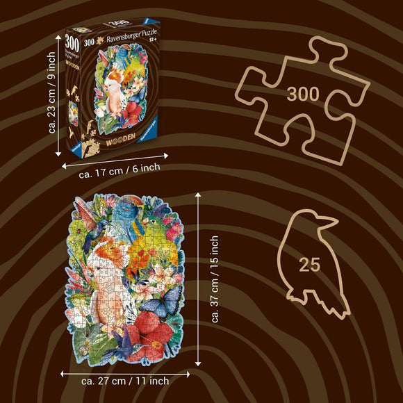 A colorful 300-piece jigsaw puzzle titled 'Beautiful Birds' by Ravensburger. The image features a vibrant assortment of birds and flowers, with dimensions of approximately 27 cm by 37 cm. The puzzle box measures 17 cm by 23 cm. Ideal for ages 12 and up, designed to provide hours of delightful entertainment.
