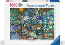 Ravensburger 1000 piece jigsaw puzzle titled "Cabinet of Curiosities". The image features a richly detailed display of various curiosities including a skeleton, vintage items, plants, and clocks arranged in a decorative cabinet.