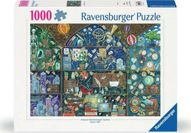 Ravensburger 1000 piece jigsaw puzzle titled "Cabinet of Curiosities". The image features a richly detailed display of various curiosities including a skeleton, vintage items, plants, and clocks arranged in a decorative cabinet.
