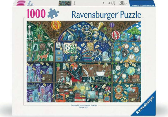 Ravensburger 1000 piece jigsaw puzzle titled "Cabinet of Curiosities". The image features a richly detailed display of various curiosities including a skeleton, vintage items, plants, and clocks arranged in a decorative cabinet.