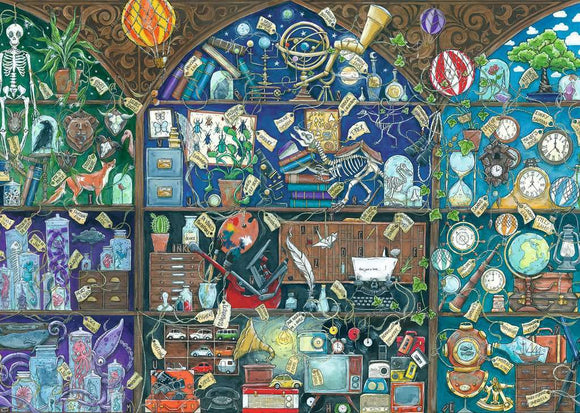 A 1000-piece jigsaw puzzle titled 'Cabinet of Curiosities' by Ravensburger. The colorful image features an intricately detailed display of various curious objects like skeletons, globes, vintage cameras, plants, and assorted artifacts, all set within a beautifully designed cabinet structure, inviting exploration and discovery.