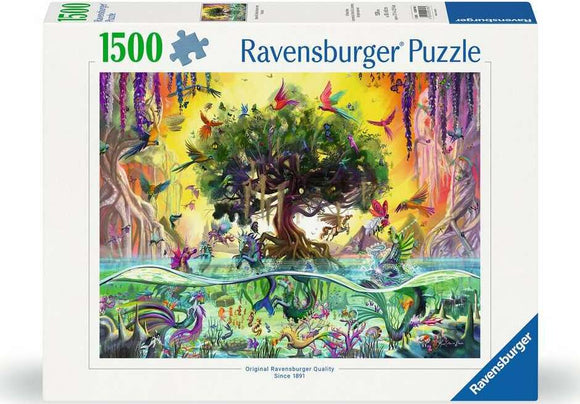 The Sea Unicorn 1500-piece jigsaw puzzle by Ravensburger. The box displays a vibrant fantasy scene featuring a mystical underwater world, colorful creatures, and lush vegetation. Ideal for puzzle enthusiasts seeking an engaging challenge.
