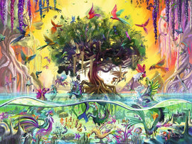 A vibrant 1500 piece jigsaw puzzle featuring a whimsical underwater scene with colorful unicorns, mermaids, and tropical birds. The artwork showcases a magical tree surrounded by lush flora and fauna, creating a fantastical atmosphere. This Ravensburger puzzle invites you to dive into a world of imagination and creativity.