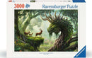 The Forest Dragon Awakes jigsaw puzzle by Ravensburger features a vibrant fantasy scene depicting a majestic dragon-like creature entwined in forest foliage, with gentle deer nearby and a lush, enchanting woodland backdrop. This 3000-piece puzzle promises hours of enjoyable challenge for puzzle enthusiasts and fantasy lovers alike.