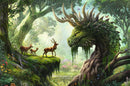 A vibrant jigsaw puzzle titled 'The Forest Dragon Awakes' by Ravensburger, depicting a mythical forest scene featuring a majestic green dragon with antlers surrounded by deer and colorful butterflies in a lush, serene environment.