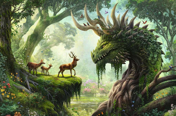 A vibrant jigsaw puzzle titled 'The Forest Dragon Awakes' by Ravensburger, depicting a mythical forest scene featuring a majestic green dragon with antlers surrounded by deer and colorful butterflies in a lush, serene environment.