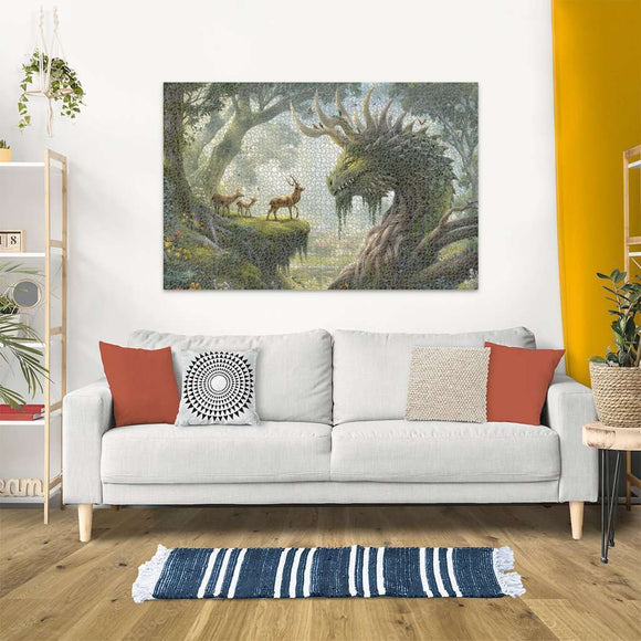 A beautifully illustrated jigsaw puzzle titled 'The Forest Dragon Awakes' by Ravensburger, depicting a mystical forest scene with an intricate dragon emerging among trees and deer. The puzzle pieces showcase vibrant colors and details, inviting enthusiasts to engage in creativity and imagination.