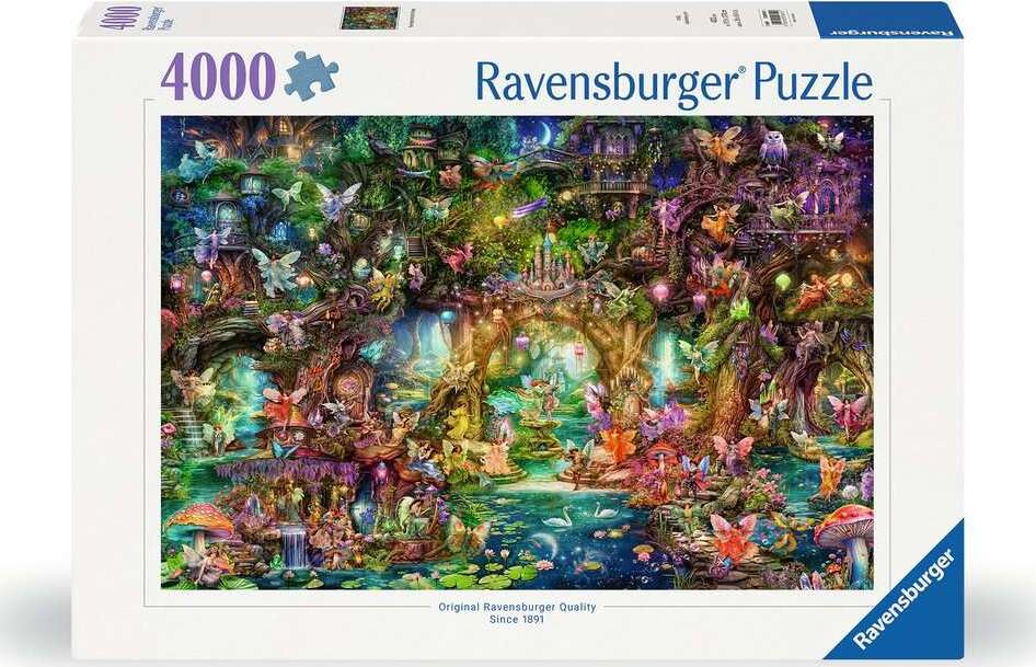 The Hidden World of Fairies jigsaw puzzle by Ravensburger featuring a vibrant and enchanting fairy landscape. The image showcases colorful fairies, lush greenery, and magical elements surrounded by tranquil waters, designed for puzzle enthusiasts.