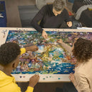 A group of three adults engaged in assembling a vibrant jigsaw puzzle titled 'The Hidden World of Fairies' by Ravensburger. The puzzle features enchanting fairy scenes with vivid colors, surrounded by pieces scattered on the table. The setting appears cozy, with a hint of modern decor in the background.