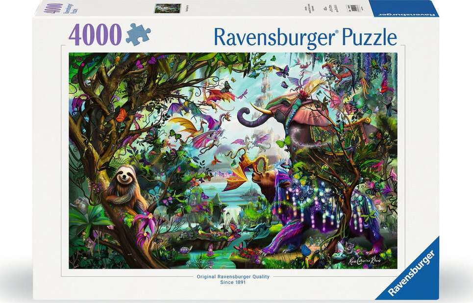 Tropical Dragons jigsaw puzzle featured by Ravensburger. This vibrant 4000-piece puzzle depicts a fantastical scene filled with colorful dragons, lush greenery, diverse wildlife including a sloth and an elephant, and a serene water backdrop. The artwork is rich in detail and invites puzzlers to escape into a tropical wonderland.