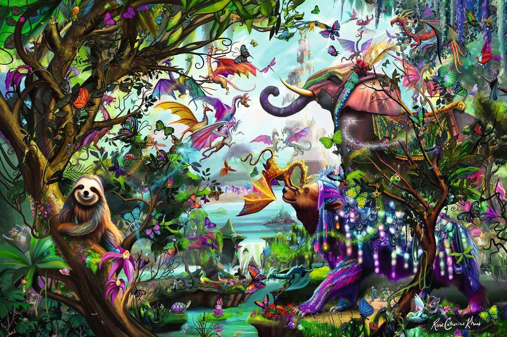 A vibrant jigsaw puzzle titled 'Tropical Dragons' featuring a whimsical jungle scene filled with colorful dragons, butterflies, flowers, a sloth, an elephant, and a bear adorned with festive decorations. The artwork is rich in detail and color, capturing a magical ecosystem.