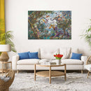 A vibrant jigsaw puzzle titled 'Tropical Dragons' designed by Ravensburger. The scene depicts a lush, colorful jungle filled with whimsical creatures such as a playful elephant and a sloth among vibrant birds and exotic foliage, making it an engaging piece of art for puzzle enthusiasts.