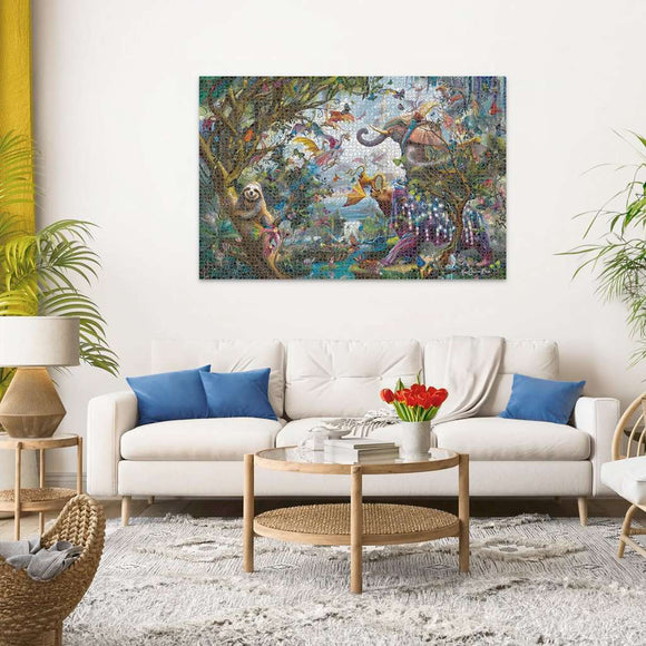 A vibrant jigsaw puzzle titled 'Tropical Dragons' designed by Ravensburger. The scene depicts a lush, colorful jungle filled with whimsical creatures such as a playful elephant and a sloth among vibrant birds and exotic foliage, making it an engaging piece of art for puzzle enthusiasts.