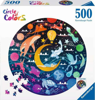 Ravensburger Dreams 500 pc Round Puzzle featuring a vibrant circle design with colorful animals, balloons, and celestial elements against a starry background. Includes a poster.