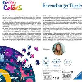 The Dreams 500 pc Round Puzzle by Ravensburger features a vibrant digital illustration by Marion Blanc, depicting a dreamy universe with magical animals and galaxies. The puzzle pieces are shaped irregularly and are shown scattered around the circular design, inviting creativity and relaxation for puzzle enthusiasts.