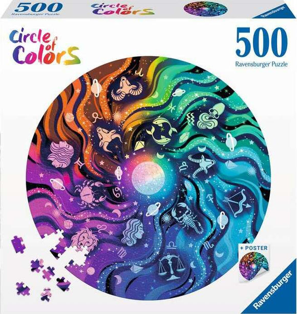 500-piece round jigsaw puzzle featuring a vibrant celestial design with zodiac signs, stars, and colorful swirling patterns. The puzzle is made by Ravensburger and comes with a poster. Perfect for astrology enthusiasts or puzzle lovers.