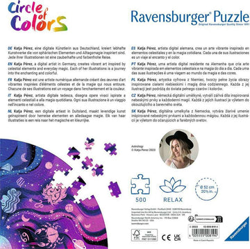 A 500-piece round jigsaw puzzle titled 'Astrology' by Ravensburger, featuring vibrant illustrations inspired by celestial elements and magical themes. The design combines various astrological symbols and colors, creating a captivating and enchanting visual. It showcases the artistic work of Katja Pérez, known for her colorful and whimsical digital art.