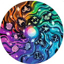 A colorful 500-piece round jigsaw puzzle featuring intricate astrological symbols and zodiac signs against a vibrant cosmic background. The design showcases swirling patterns in various colors, representing different zodiac elements with stars and celestial motifs prominently displayed.