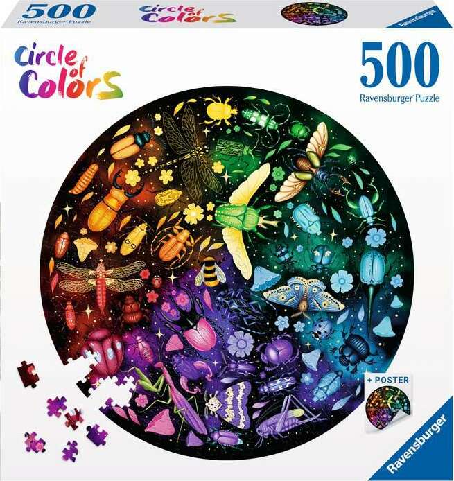 A 500-piece round jigsaw puzzle by Ravensburger featuring a colorful arrangement of various insects and flowers. The design showcases a vibrant spectrum of colors, with detailed illustrations of butterflies, beetles, and other insects set against a starry background. The packaging includes a poster for reference. Puzzle pieces are shown partly completed around the edges.