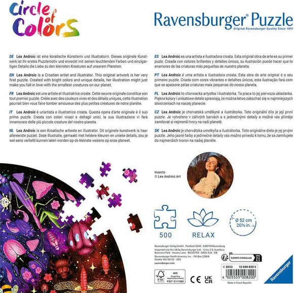 Ravensburger Insects 500 pc round jigsaw puzzle featuring vibrant artwork by Lea Andronic. The puzzle showcases a colorful array of various insects against a dark background, emphasizing intricate details and bright colors. Perfect for puzzle enthusiasts wanting a challenge while enjoying nature-themed artwork. The puzzle measures 52 cm in diameter and provides a relaxing experience with each piece that fits together to reveal a stunning final image.