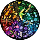 A colorful round jigsaw puzzle featuring a variety of insects, including beetles, butterflies, and dragonflies, set against a starry background. The puzzle showcases detailed illustrations with vivid colors, combining natural elements like flowers and stars.