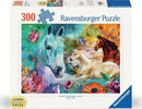 A 300-piece jigsaw puzzle titled 'Lady, Fate and Fury.' The artwork features two majestic horses against a vibrant, colorful background with butterflies and flowers, designed by Ravensburger. The box emphasizes large, easy-to-hold pieces, perfect for puzzle enthusiasts.